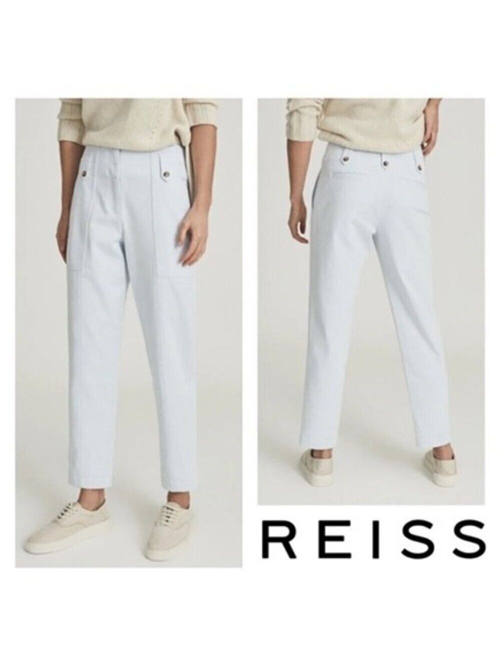 Reiss Bradie Cargo Pants 12 Pale Blue Tapered Leg High Waist Cotton Twill Jeans